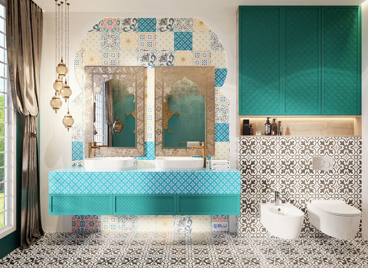 Łazienka w stylu marokańskim z podwieszanym bidetem i miską WC.
